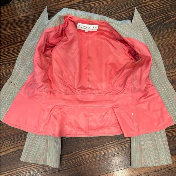 Trina Turk Los Angeles Designer Plaid Pink Beige Flare Sleeve Lined Blazer Sz 2 - Picture 5 of 5